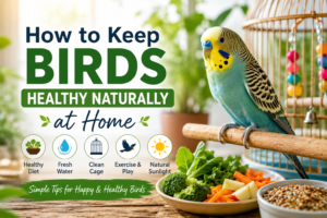 Colorful pet bird sitting near a clean cage with fresh fruits, vegetables, seeds, and bird care icons illustrating how to keep birds healthy naturally at home."