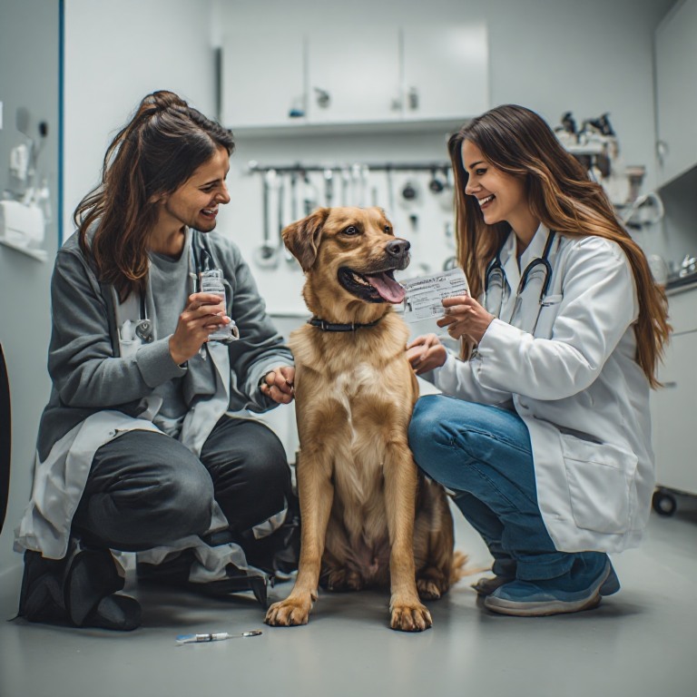Happy vaccinated dog with owner and veterinarian