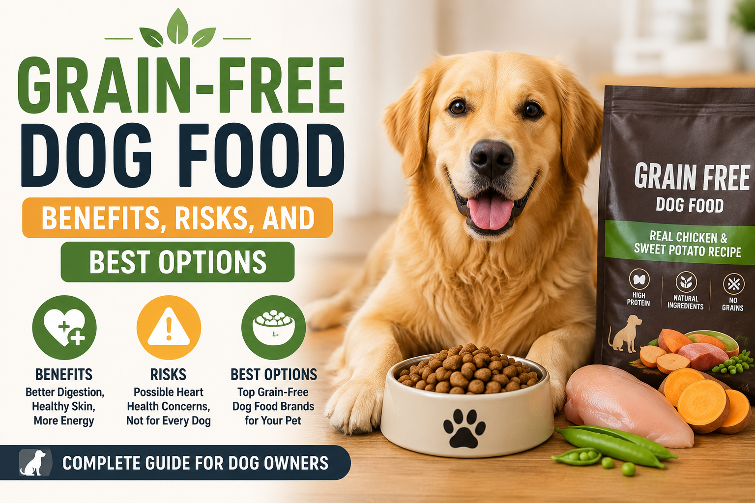 Golden Retriever with grain-free dog food and healthy ingredients.