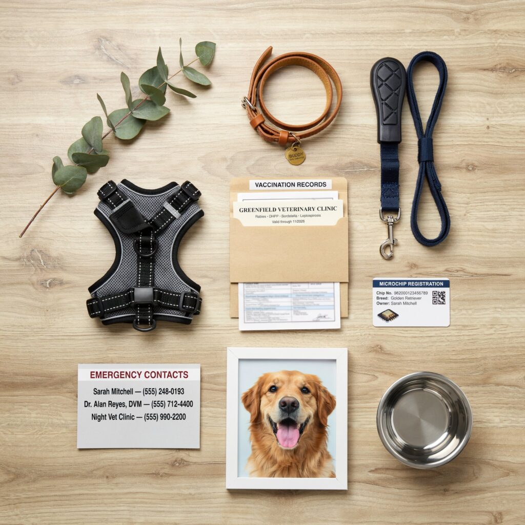 Pet identification tags leash collar and emergency documents as part of a pet emergency kit