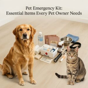 Pet emergency kit with first aid supplies food water and safety essentials for dogs and cats