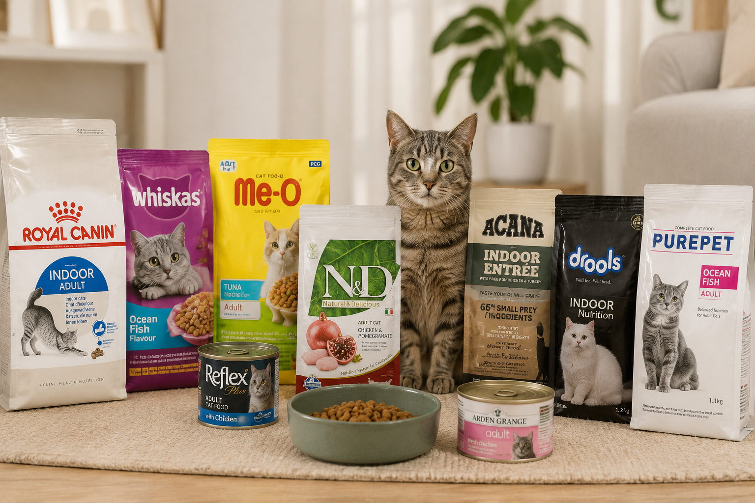 Best Cat Food Brands in India for indoor cats featuring premium cat food and a healthy indoor cat.